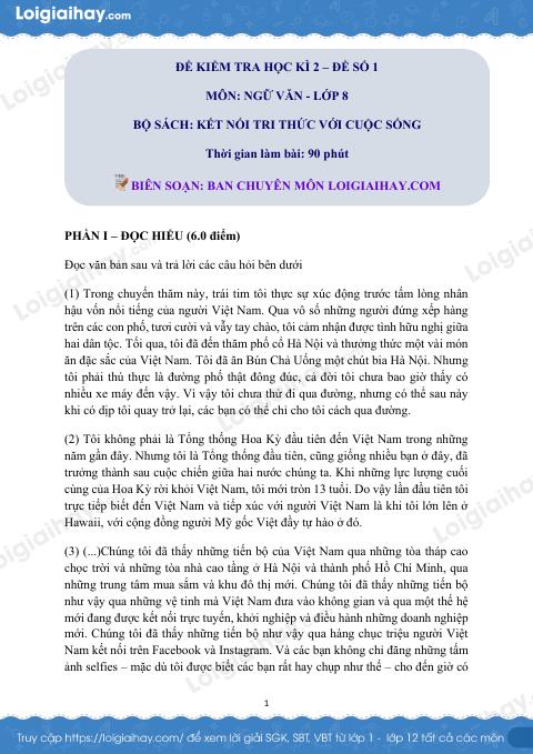 Đề thi học kì 2 Văn 8 Kết nối tri thức - Đề số 1